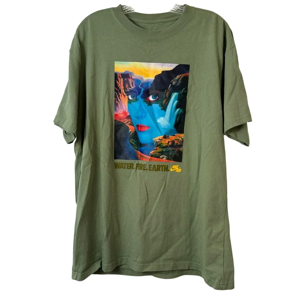Nike‎ Air Water Fire Earth Graphic T-Shirt Olive Green Loose Fit Mens Large